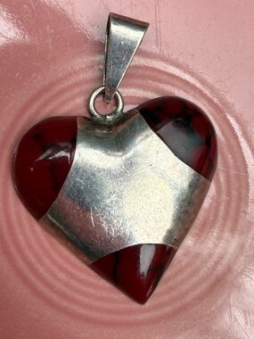 Vintage Mexican Sterling Silver 925 Red Jasper Heart Pendant | Inlay Stone | 16g
